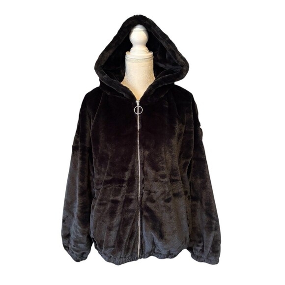 PrettyLittleThing Black Faux Fur Balloon Sleeve Hooded Jacket Women's Size 6 US - Picture 1 of 13